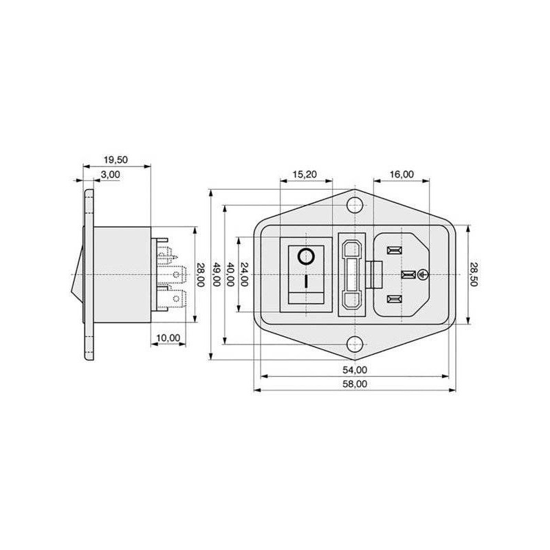 سوکت پاور نری پنلی کلید دار جا فیوز دار