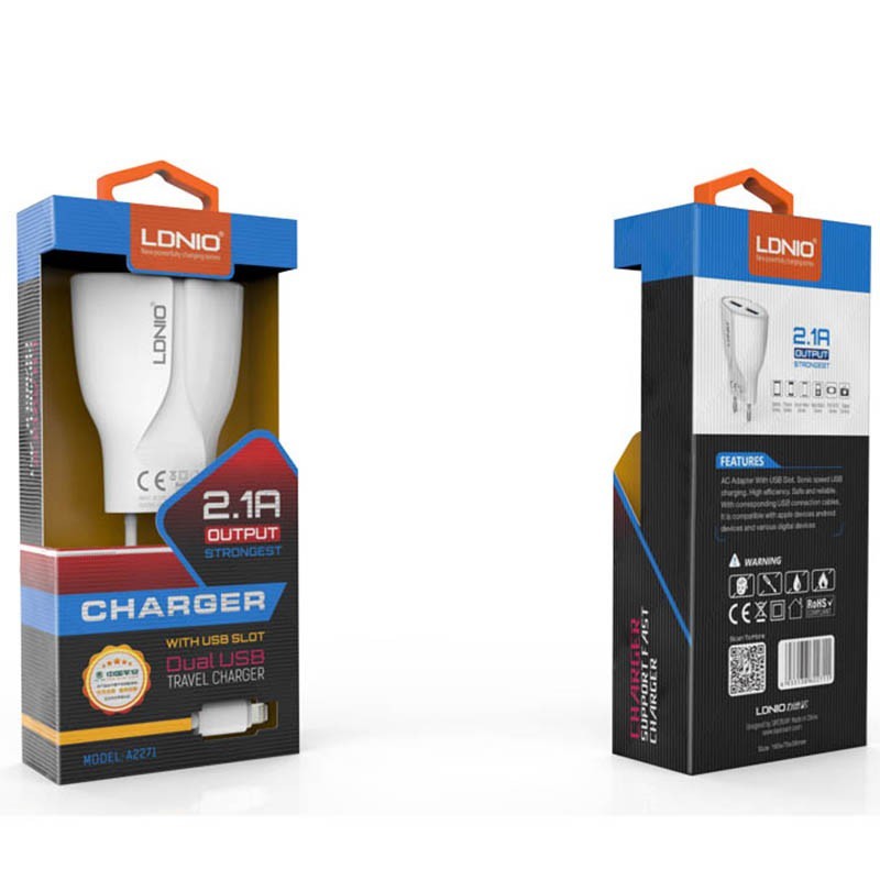 شارژر USB دیواری 2 پورت با کابل میکرو برند LDNIO مدل A2271